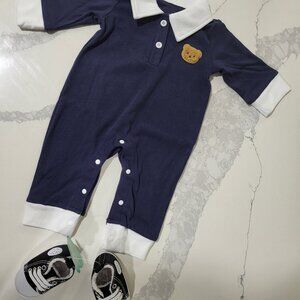 NEW Baby Boy 1-3M Blue Long Sleeve Suit Bear Outfit + Sneakers & Socks, Spring